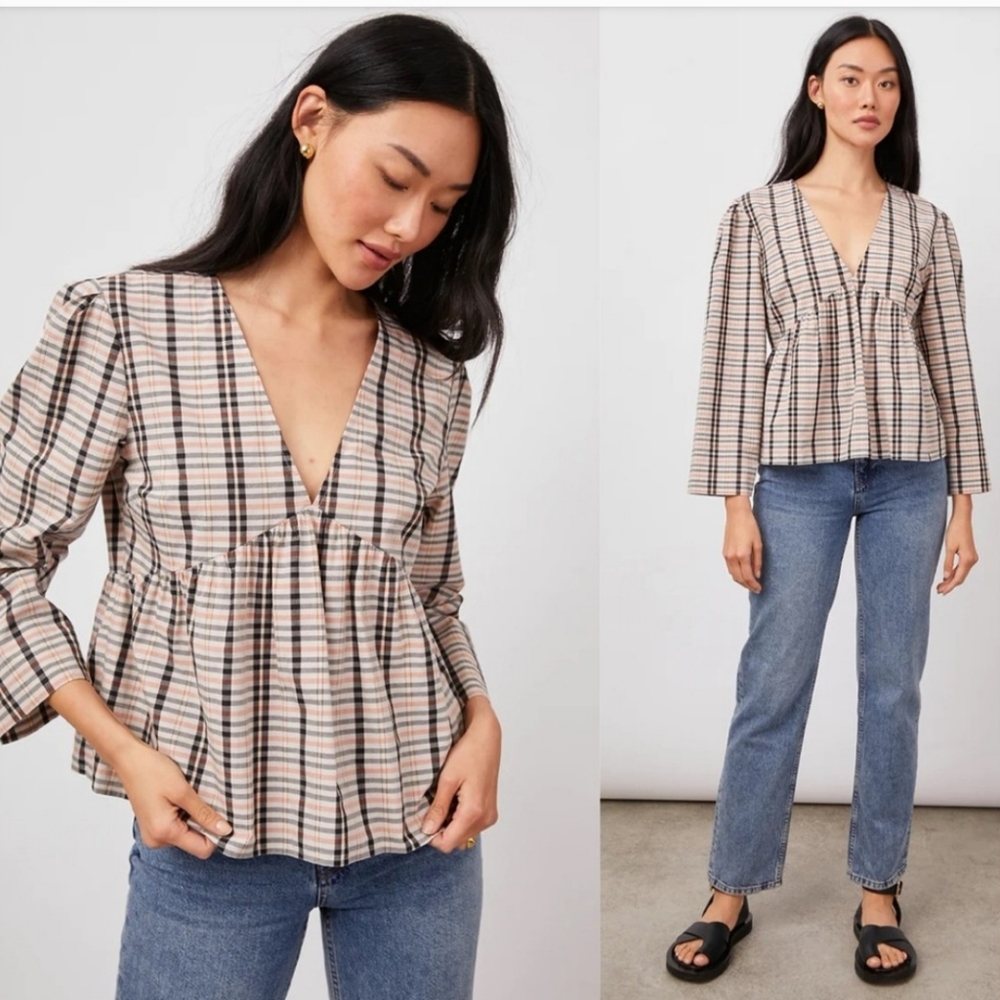 Rails Noella Checkered Peplum Top sz L cream black green